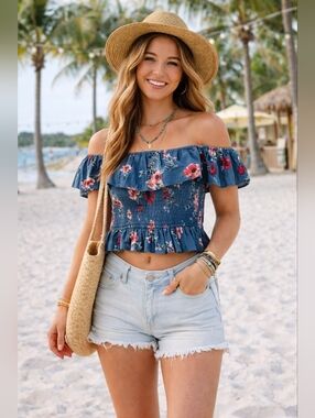 B.O.G. Collective Blue & Pink Floral Renched & Ruffled Off The Shoulder …